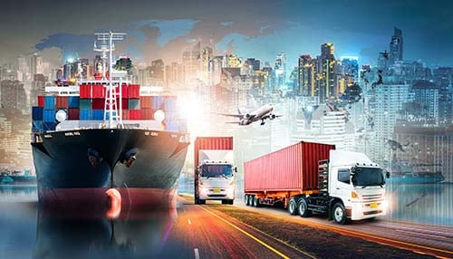 Ship, truck and plane in stylized city background representing supply chain